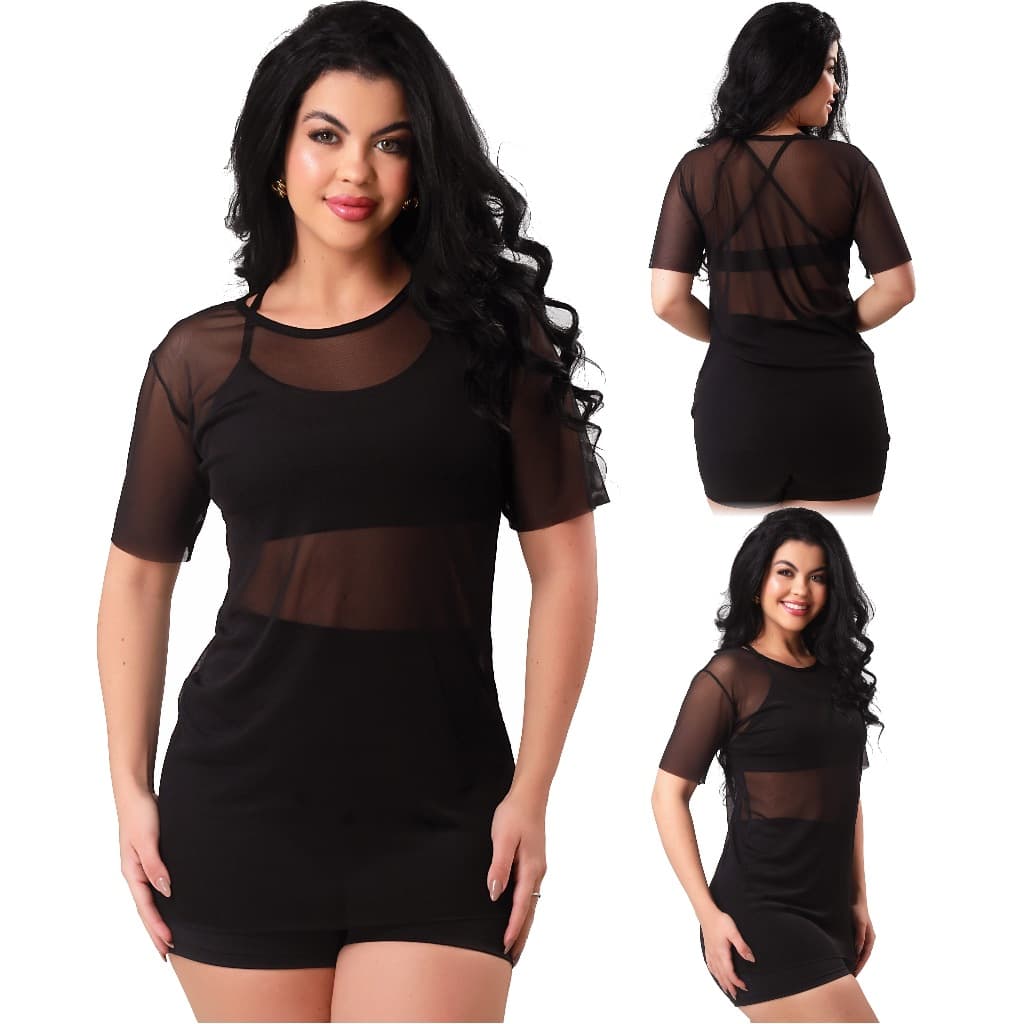 Camiseta Tule Manga Blusa Feminina Academia