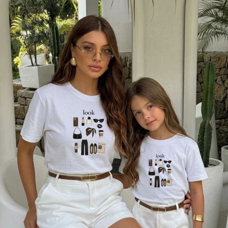 Camiseta Mãe Filha Estampa Look Fashion Tendência Blusa Feminina Algodão Infantil Infanto Juvenil Adulto
