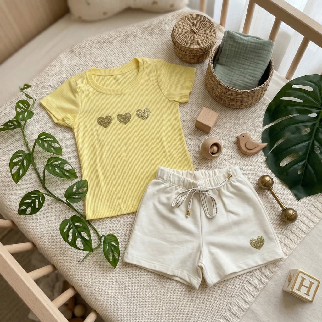 Conjunto Infantil Menina Blusa Amarela Corações Shorts Confortável Roupa de Verão Macia