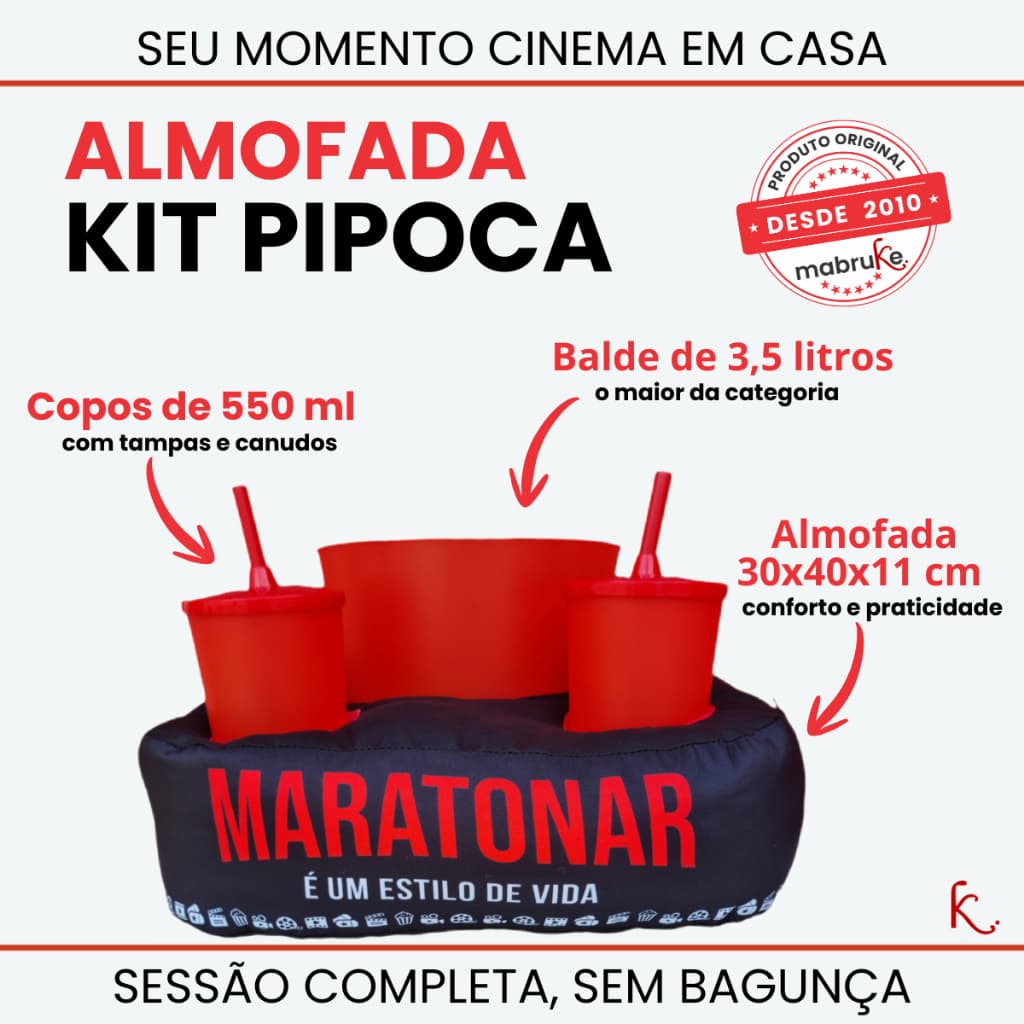 🍿Kit Pipoca Duplo MARATONAR Mabruke – Presente Criativo para Namorados – Almofada Porta Copos + Balde Cinema em Casa