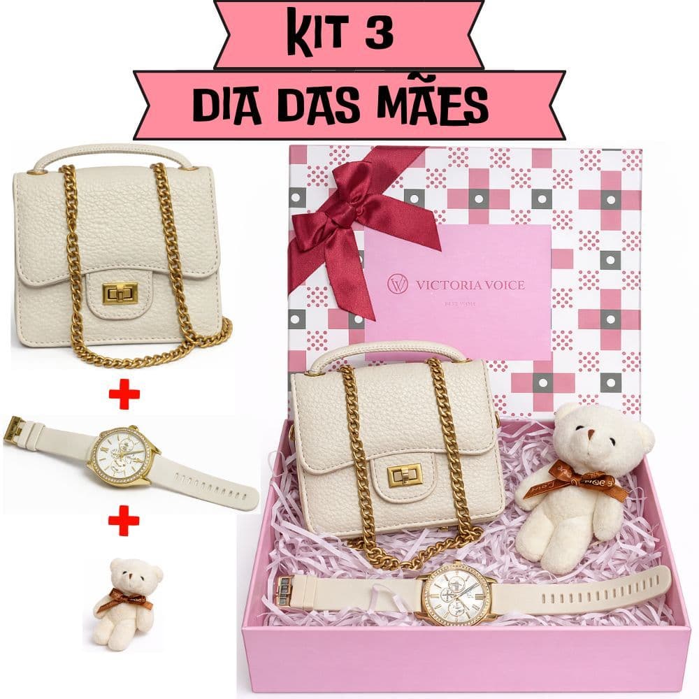 Kit 3 Bolsa Relógio Ursinho Bolsinha Dia Das Mães Presente Feminina Elegante Festa Ombro Feminino Presenteável