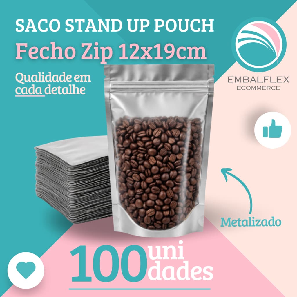 Embalagem Standup Pouch Metalizado com Visor C/ 100 unidades Com Zip 12cmx19cm