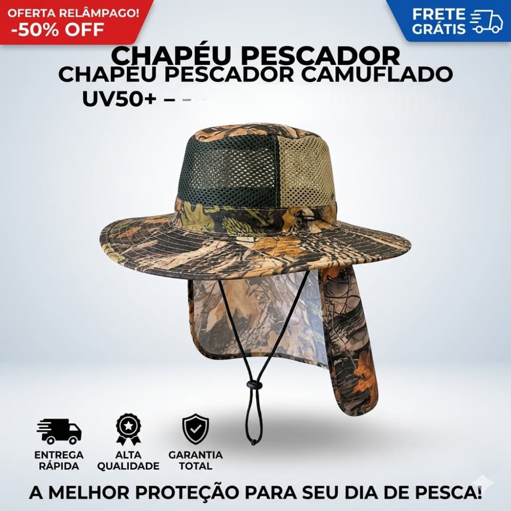 Chapéu de Pesca Camuflado com Proteção Solar no Pescoço – Ideal para Sol Forte