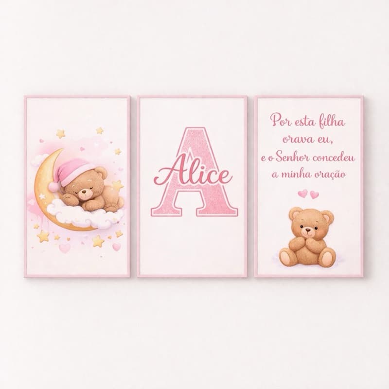 Quadro Infantil Ursinho Personalizado Nome Menina Frase Bíblica Decoração