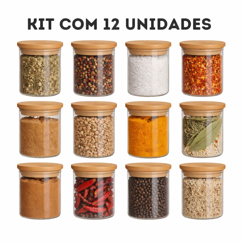 Kit 12 Potes de Vidro 200ml com Tampa de Bambu Hermético Mantimentos Condimentos Empilhaveis