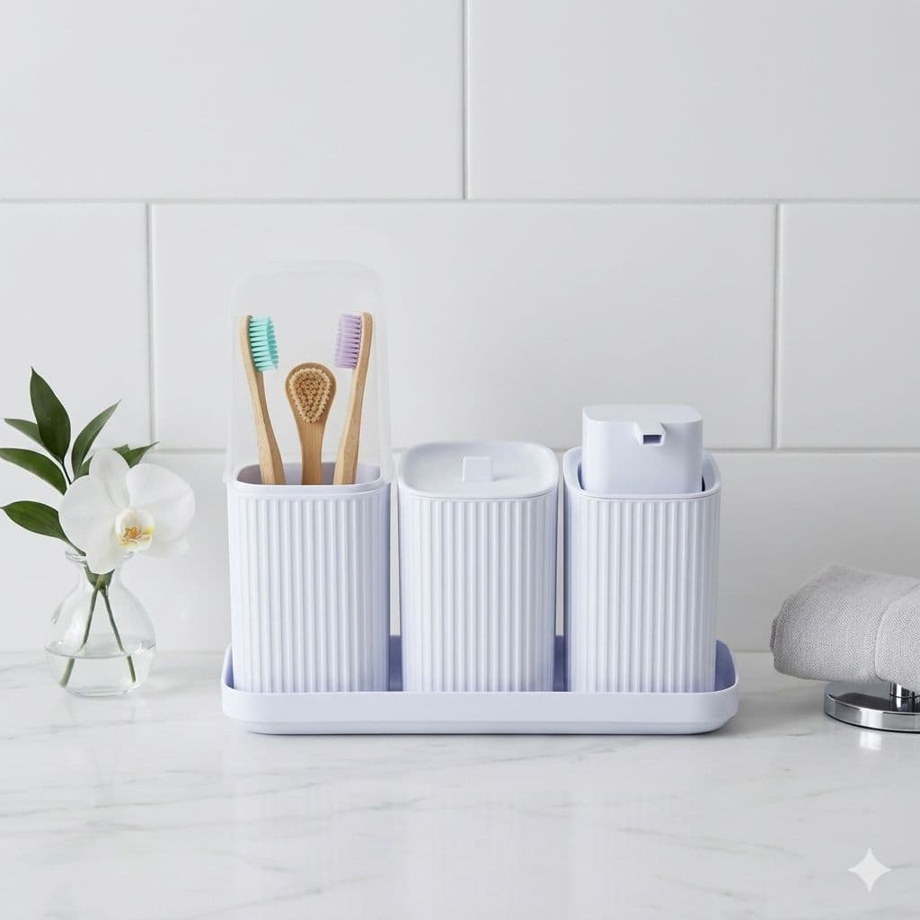 Kit 3 Acessórios Banheiro Dispenser Sabonete Líquido Porta Algodão Porta Escovas C/ Bandeja Prático Organizador Lavabo