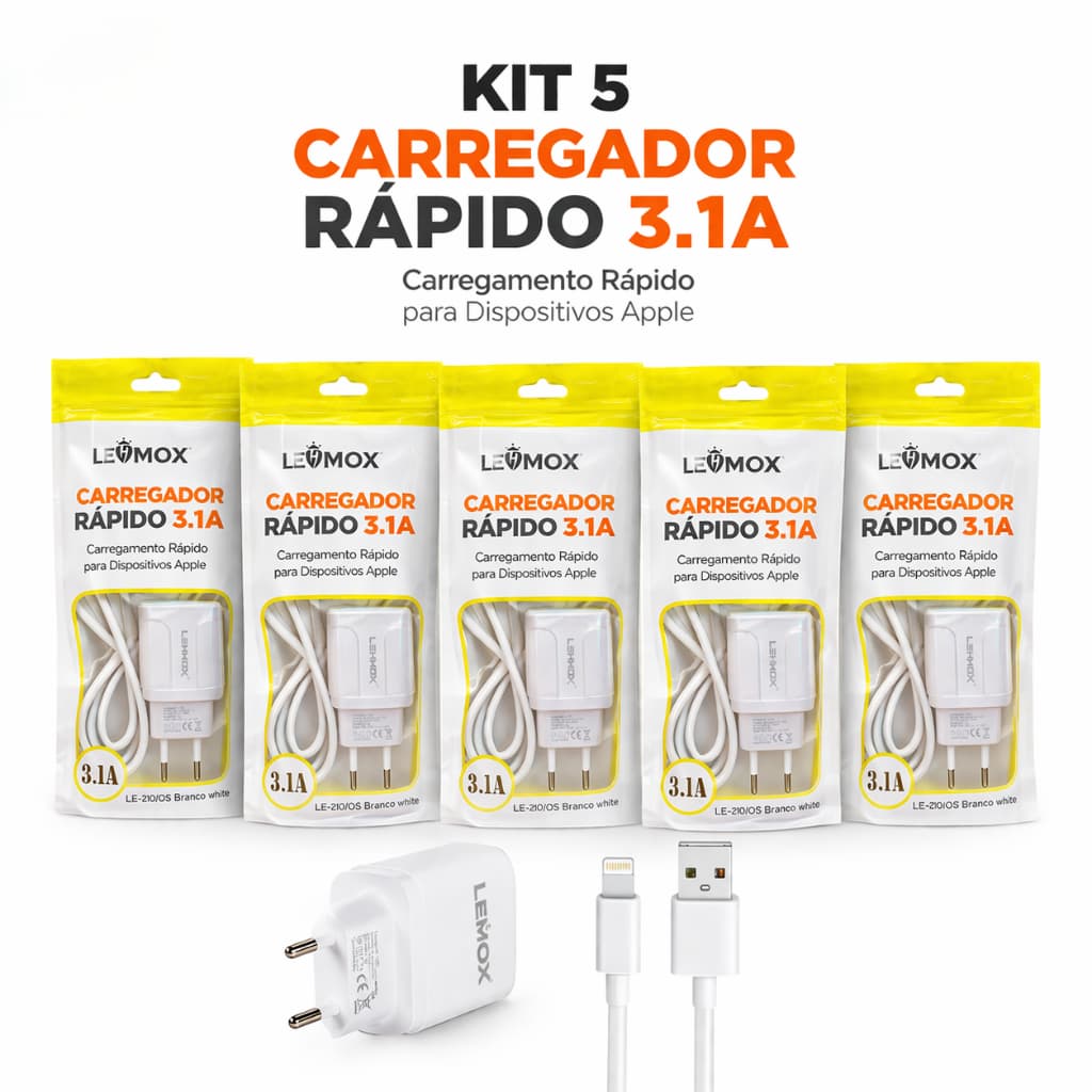 Promoção - Kit 5 Carregadores de Iphone Lehmox Carga rápida 3.1A