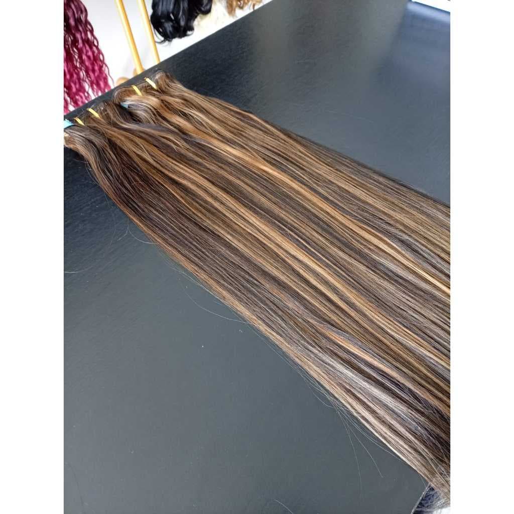 Cabelo Liso Semi Humano 50cm Morena Iluminada Fibra Russa na Fita Adesiva Europeu