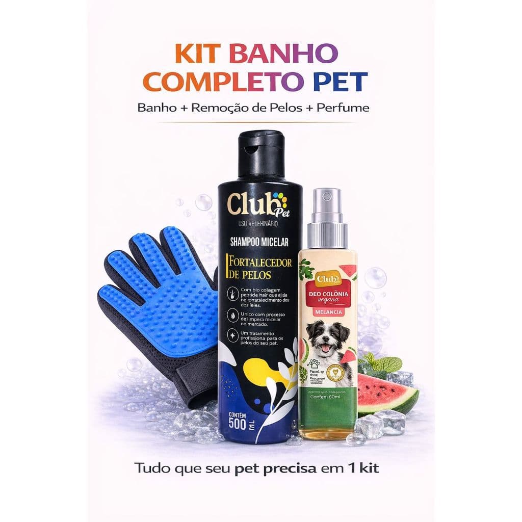 Kit Banho Pet Shampoo Micelar + Luva Tira Pelos + Perfume Vegano Cães e Gatos