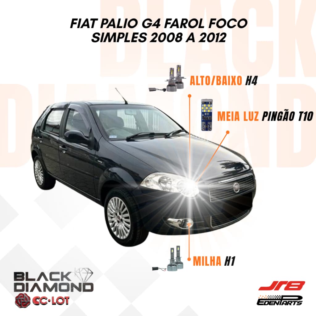 Kit Lâmpadas Farol LED Fiat Palio G4 2008 a 2012 JR8 BlackDiamond H4 H1 6000K + Lâmpada Pingão T10 21 LED