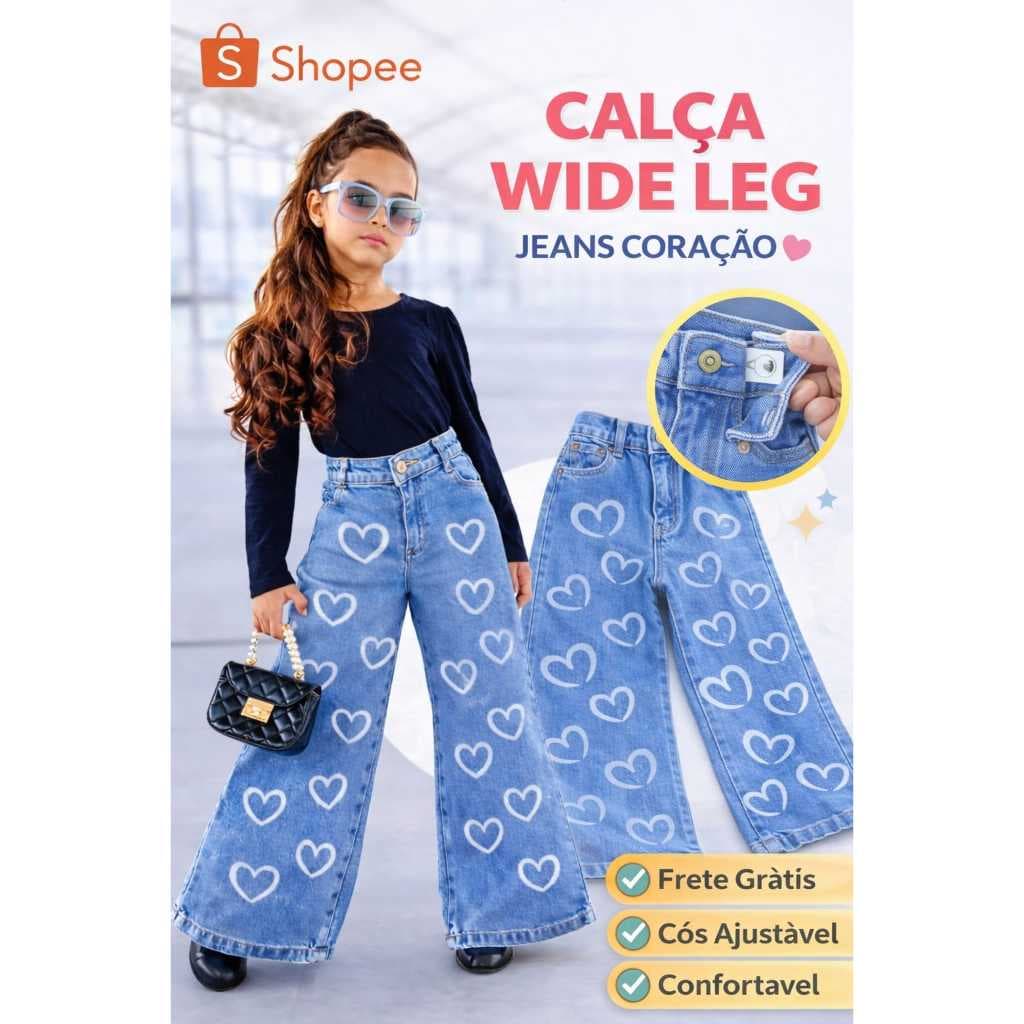Calça Wide Leg Infantil Jeans Coração Menina Moda Blogueirinha Tendência 2026 Tam 2 ao 8