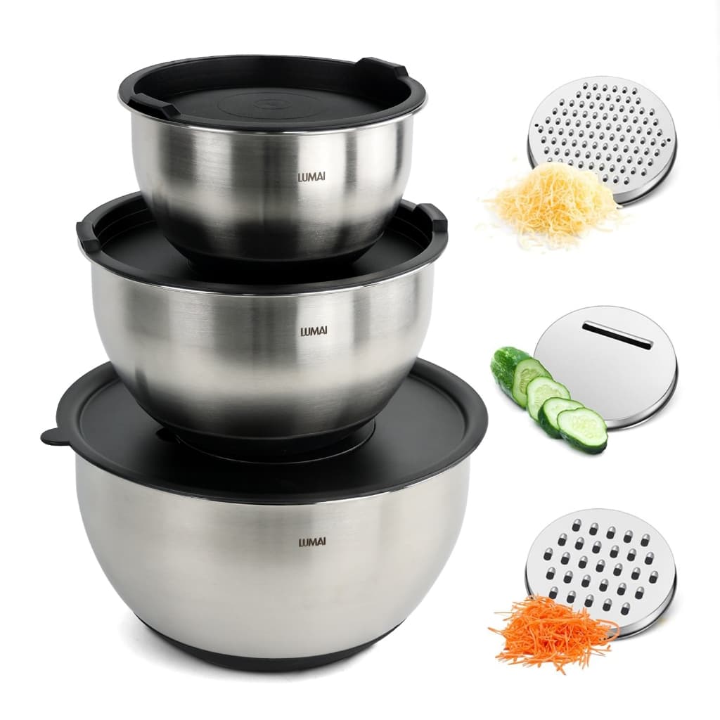 Lumai Kit 3 Bowls Tigelas de Cozinha Bacia Aço Inox com Tampa Utensilio com Ralador Base Silicone