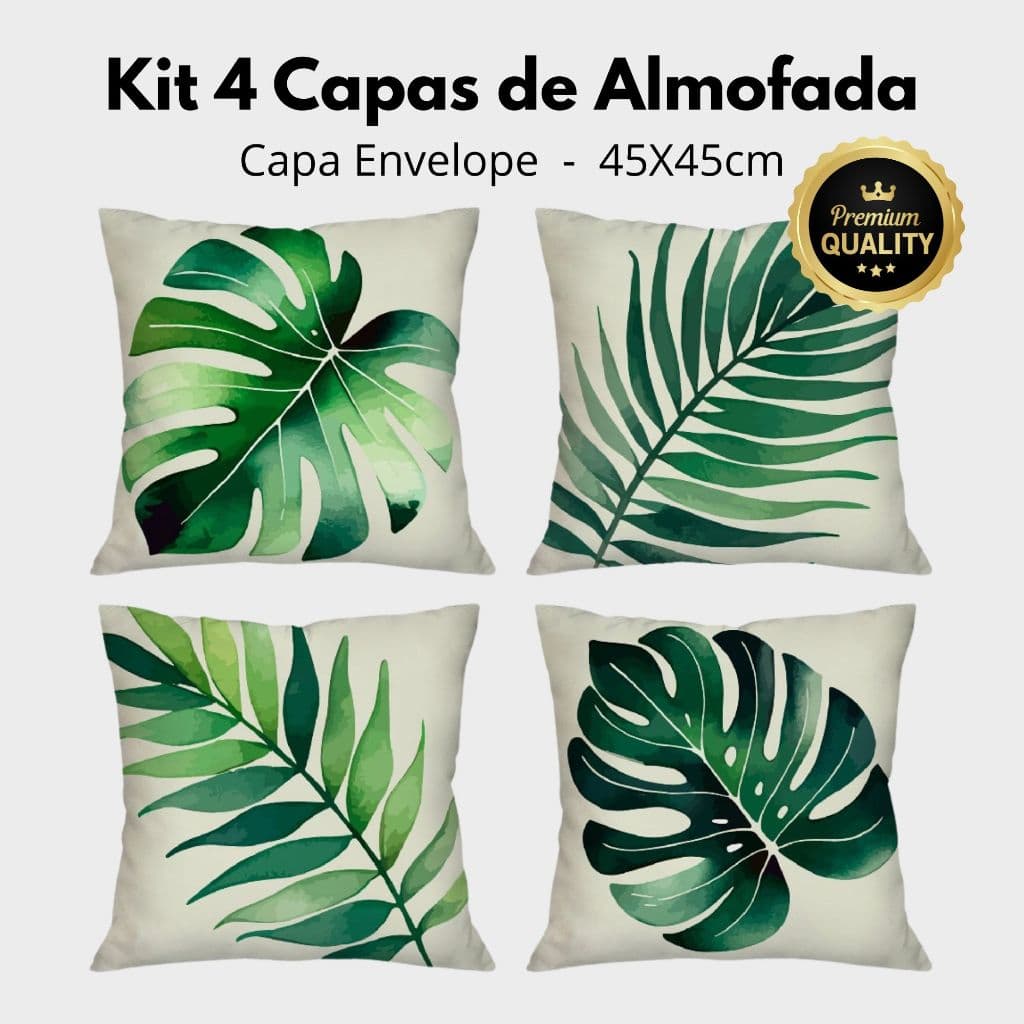 Kit com 4 Capas para Almofada Decorativas 45x45cm Folhagem Costela de Adão