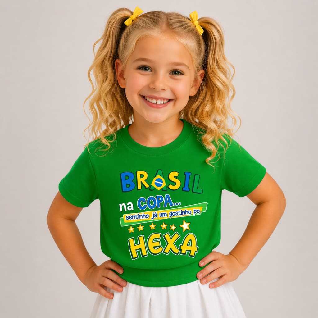 Camiseta Infantil Brasil HEXA Copa Estampada Algodão Menino Menina Moda Casual