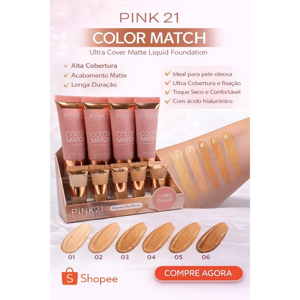 Base Pink 21 Color Match Matte Alta Cobertura Longa Duração 6 Tons PINK21