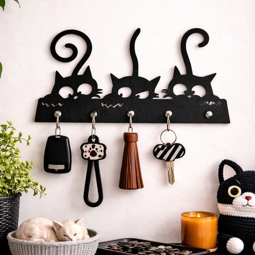 Porta Chave de Gatinhos MDF Decorativo Organizador Madeira Gato Multiuso Entrada Casa Home Decor