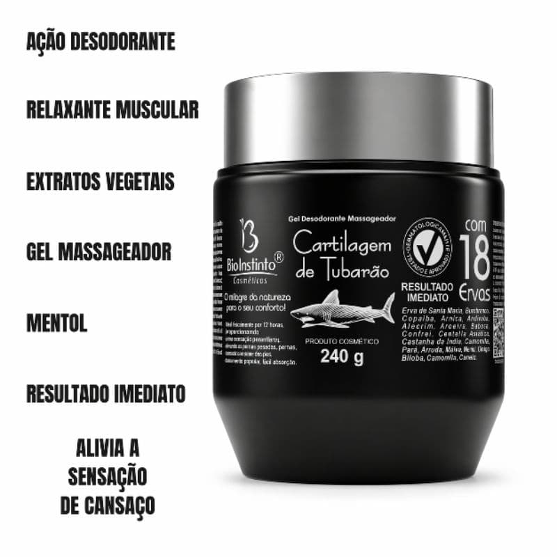 Gel Desodorante Massageador Bio Instinto Cartilagem de Tubarão com 18 Ervas 240g