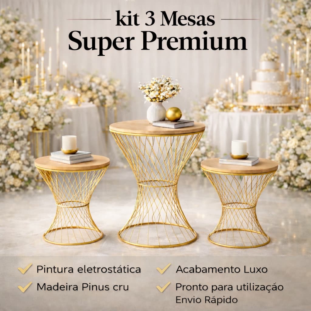 Kit Com 3 Mesas Decorativas Trançadas Provençal Dourado em Ferro para Festas  Casamentos Decoração..