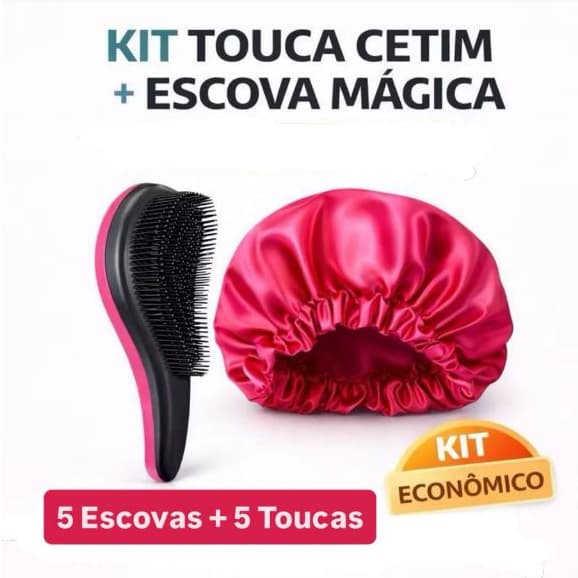 KIT- Com 5 Escovas Mágica + 5 Toucas de Cetim - Combo Perfeito Para Cuidados Com o Cabelo