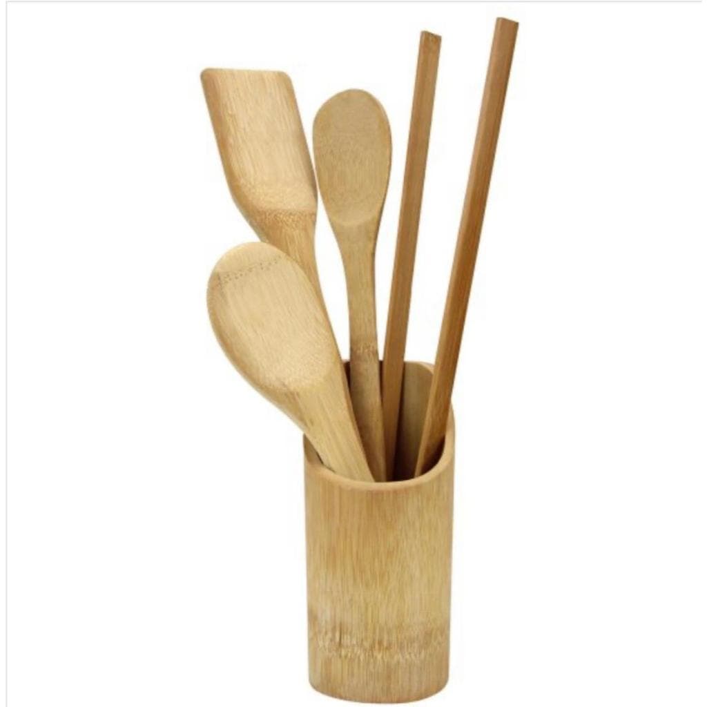 KIT Utensilhos em Bambu Com 5 Peças PROMOÇÃO