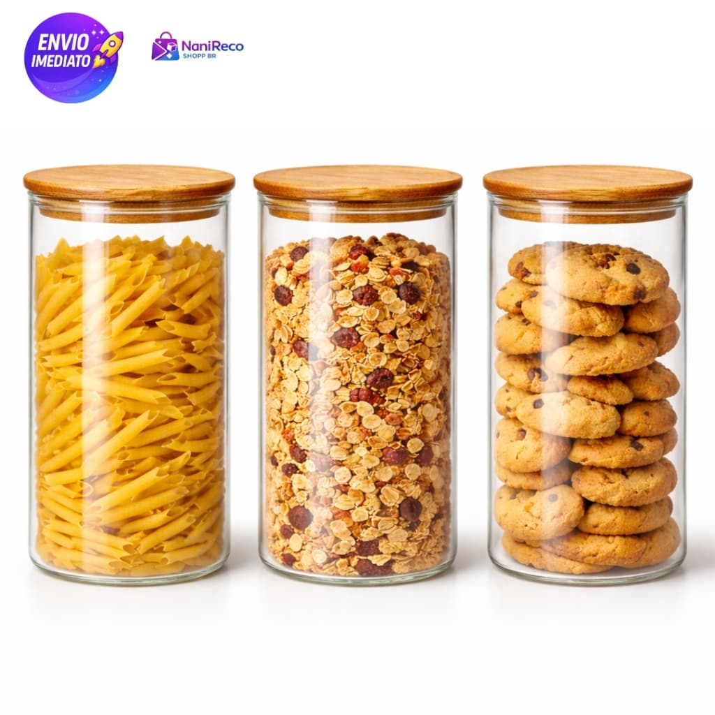 Pote de Vidro com Tampa de Bambu 1,17L para Alimentos, Grãos, Temperos e Organização da Cozinha