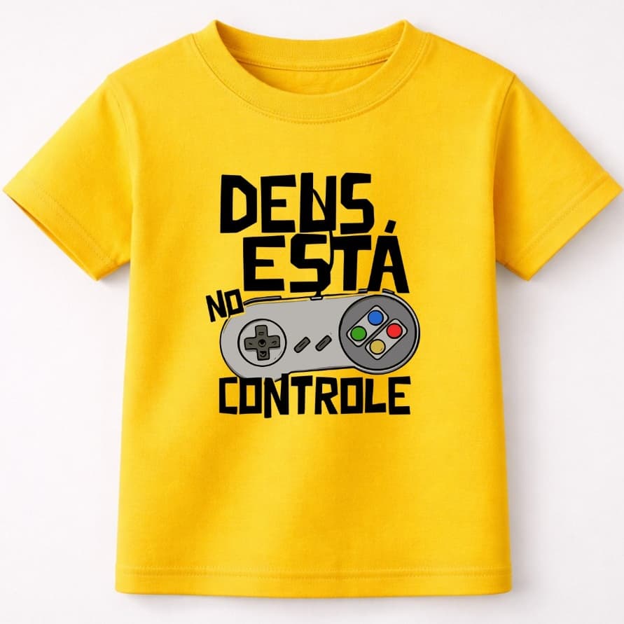 Camiseta Infantil Streetwear Deus no Controle 100% Algodão Premium Unissex Estampada