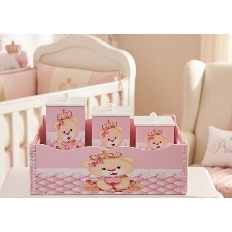 kit higiene bebê ursa princesa rosa com branco
