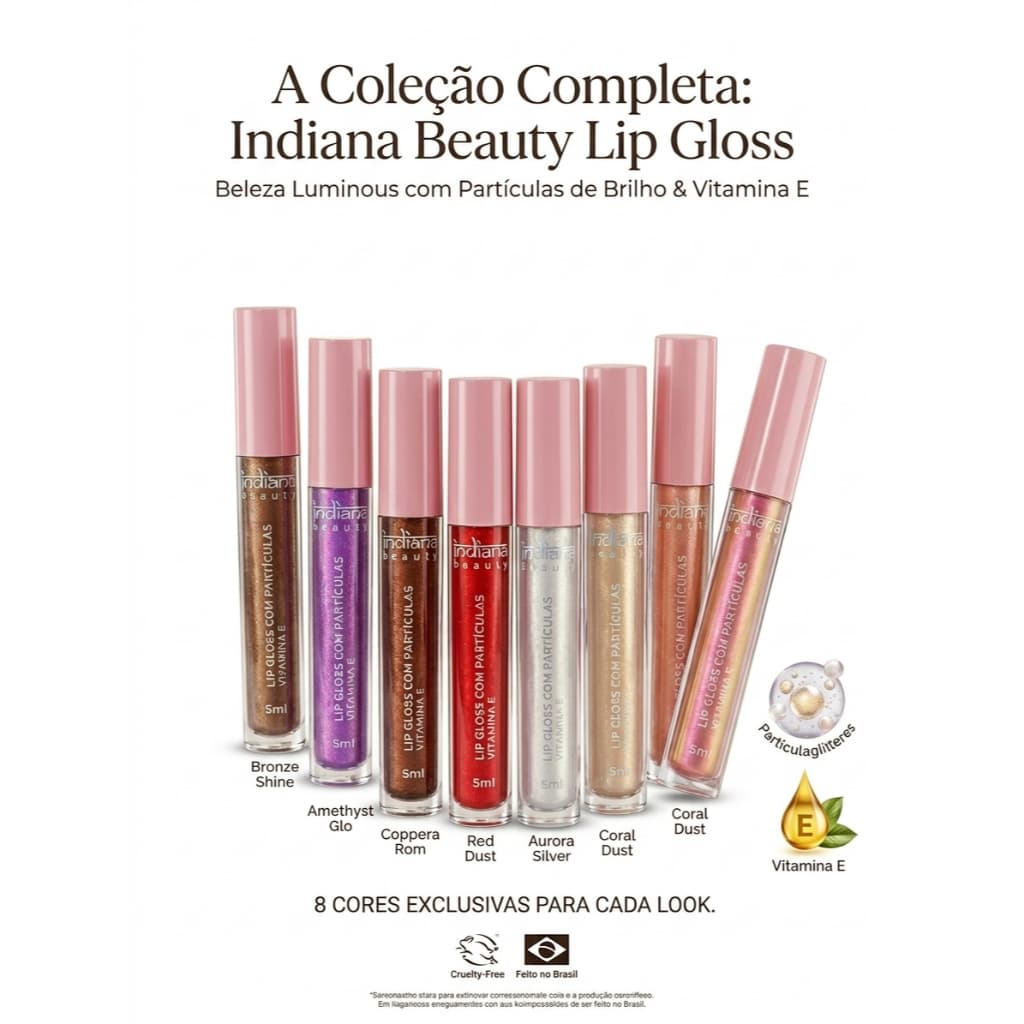 Lip Gloss com Partículas de Brilho 5ml Vitamina E Indiana Beauty Natural Prata Rosa Champagne
