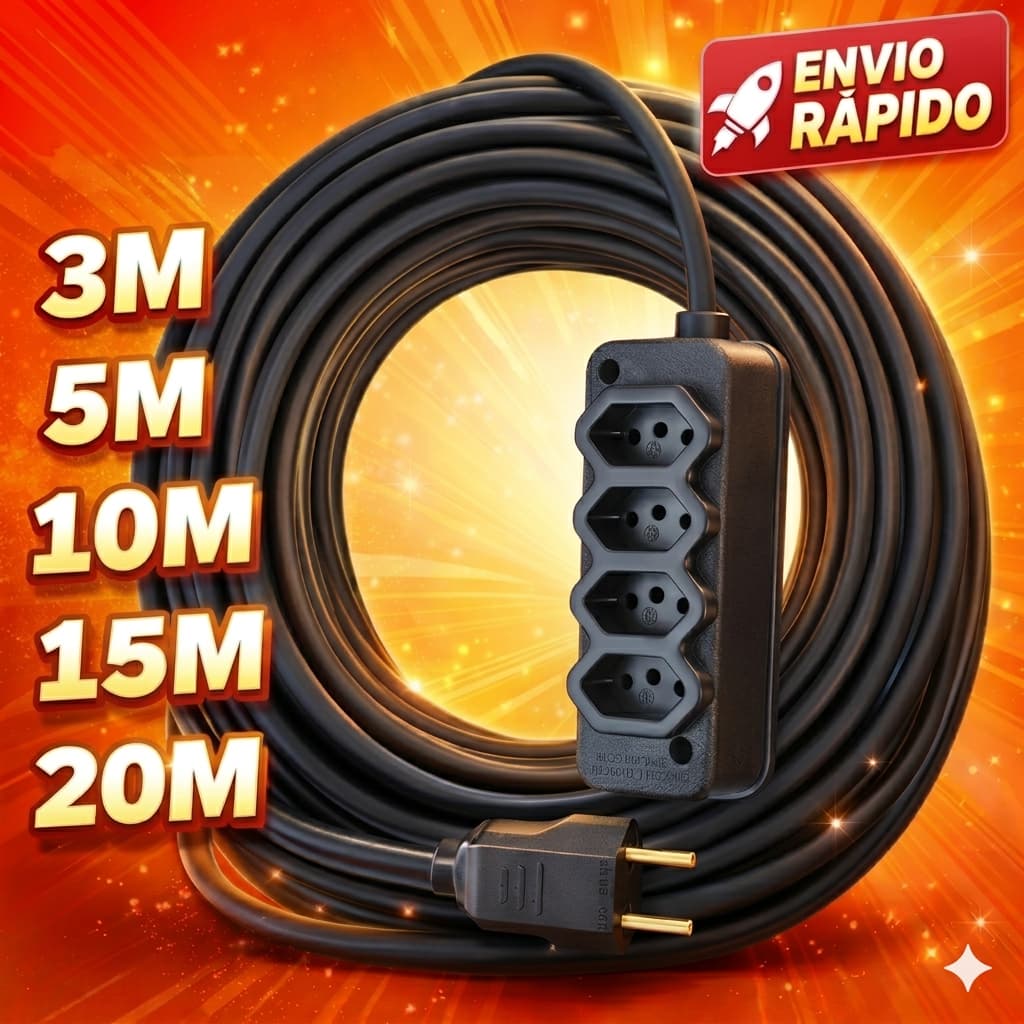 Extensão Elétrica CABO PP 2x2.5mm 20A/10A Resistente - 3/5/10/15/20 Metros - 4 Tomadas