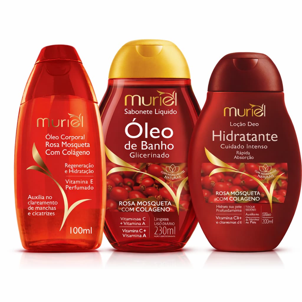 Kit 3 Banho Rosa Mosqueta Óleo Corporal Premium Muriel Hidratante