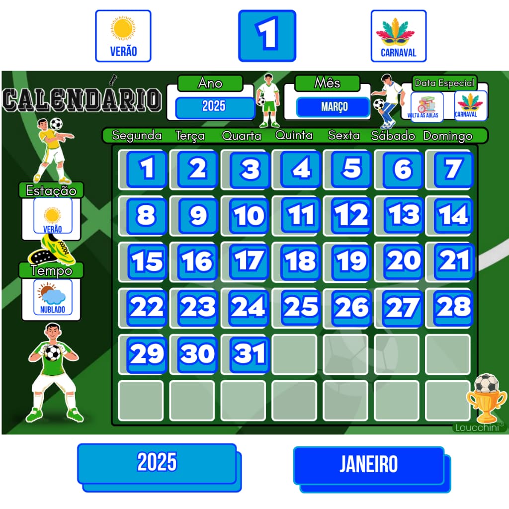 Calendário Infantil com Tags Educativas para Rotina e Aprendizado Tema Futebol