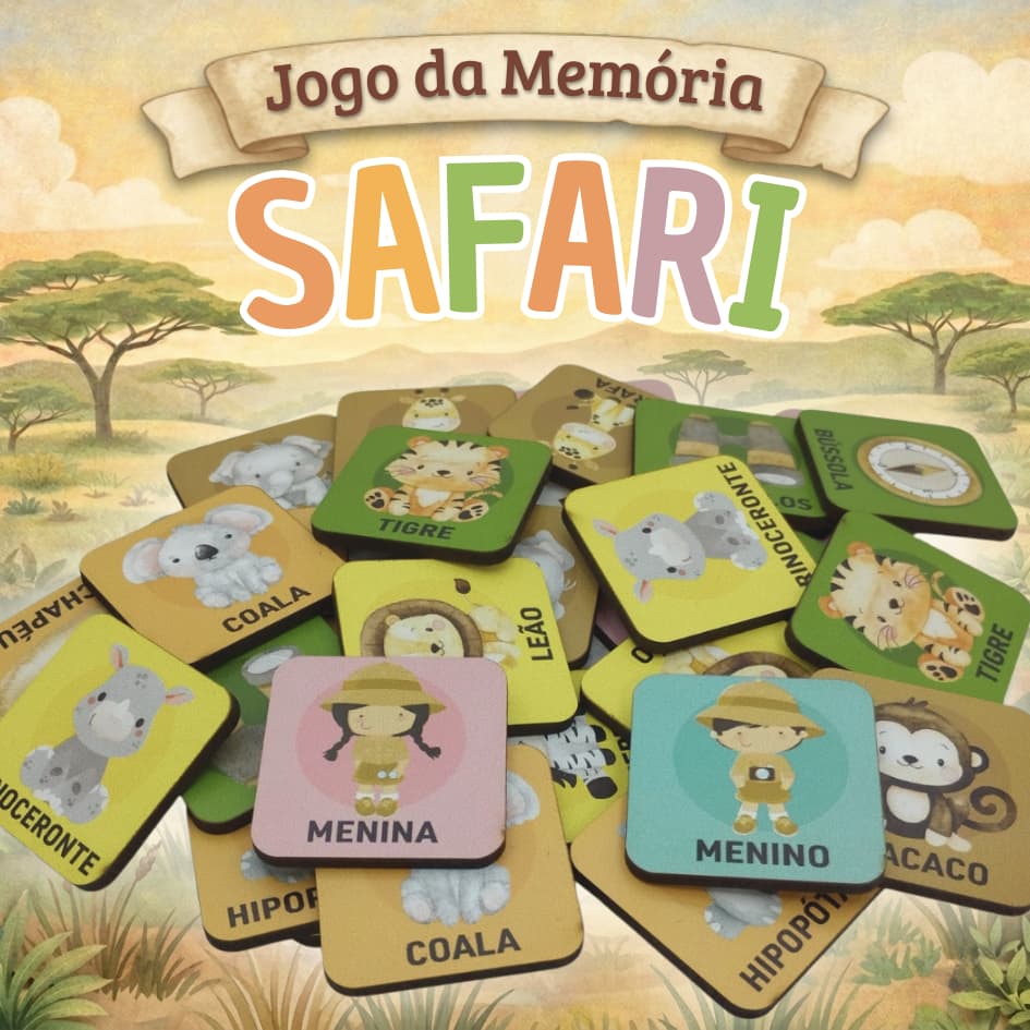 Jogo Memória Safari MDF Colorido Pedagógico Educativo Brinquedo Infantil