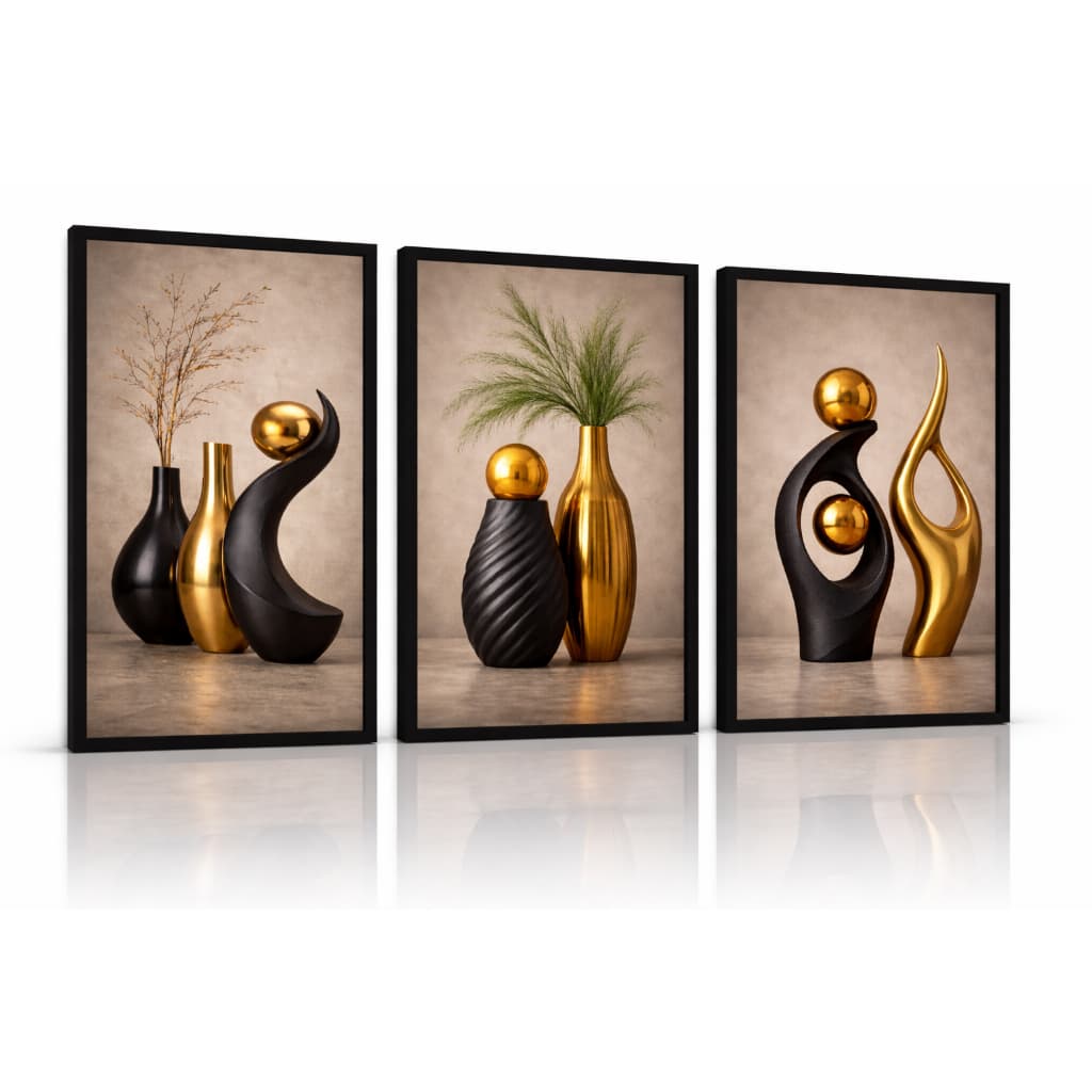 Quadros Decorativos Sala Quarto Vasos Folhas Preto E Dourado