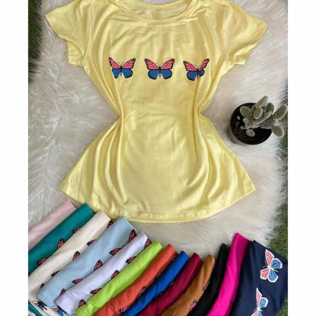 KIT COM 4 BLUSA T - SHIRT ESTAMPADA CAMISETA FEMININO BORBOLETA VISCOLYCRA TAMANHO UNICO VARIADAS CORES