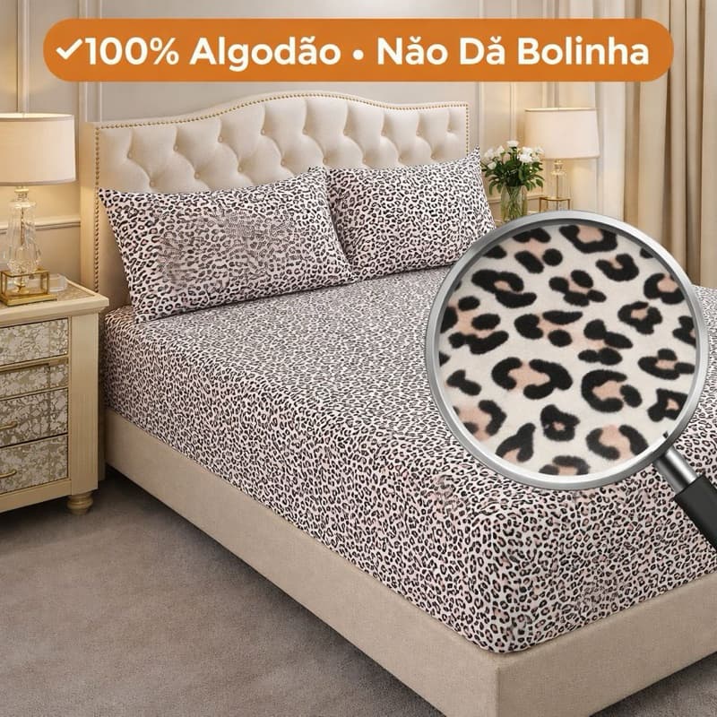 Kit Lençol Malha queen 100% Algodão – Estampa oncinha | 3 Peças