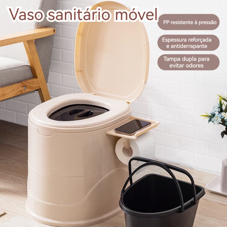 【Envio De São Paulo】Vaso Sanitário Portátil Reforçado Banheiro Móvel Para Idosos E Gestantes Com Suporte Papel - Bege