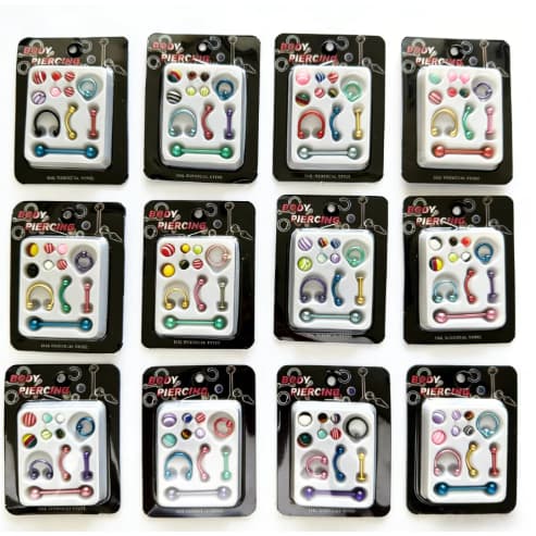 6 Caixinhas de 5 Piercings masculino feminino para boca nariz e lígua em aço inox + 6 Bolinhas Colorido
