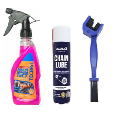 Kit Limpeza Pesada Motos Desengraxante Tec7 500ml + Lubrificante de Correntes 300ml+Escova Correntes
