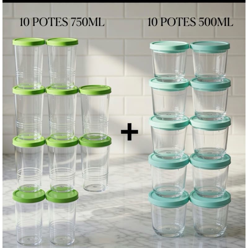 Kit 10 Potes 750ml E 10 Potes 500ml Tampa Com Rosca Ótima Vedação Cores Sortidas 2193 E 2063