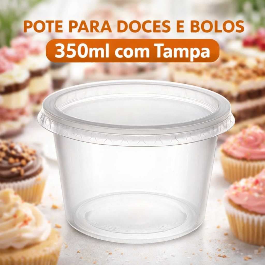 Pote Redondo Para Doces 350ML Pra Festa Descartável com Tampa Pacote com 24 unidades