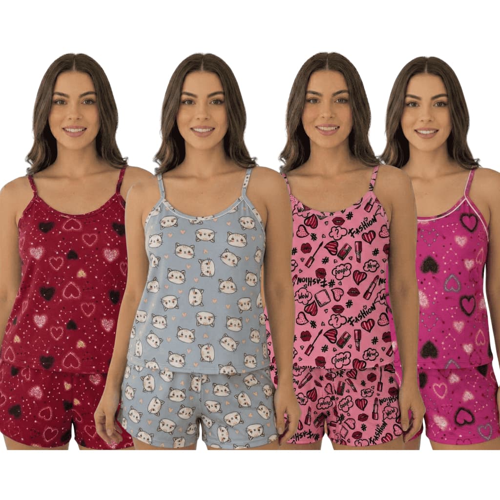 Kit 2 Pijamas Femininos Liganete Curto Alça Fresquinho Verão Confortável Estampado P Ao GG