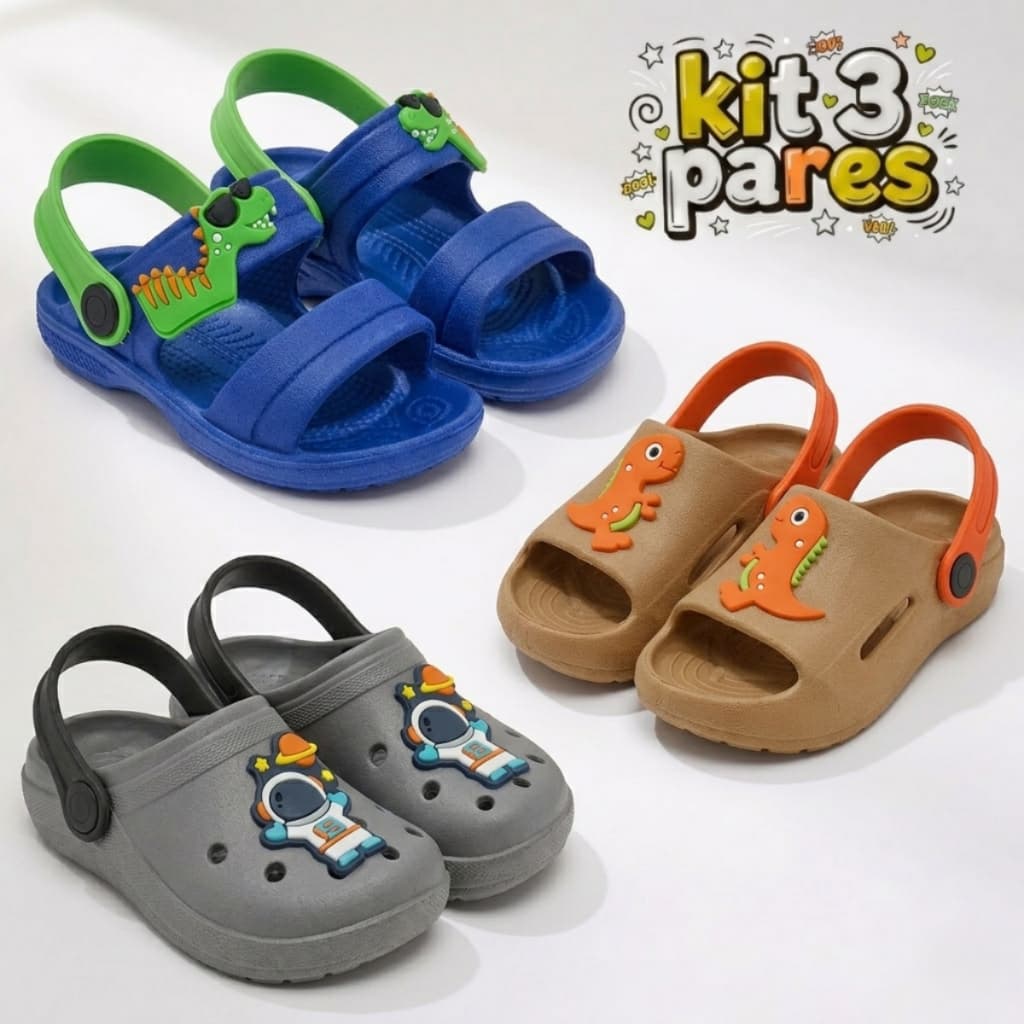 Kit 3 Chinelo Babuche Infantil Menino Sola Antiderrapante Confortavel