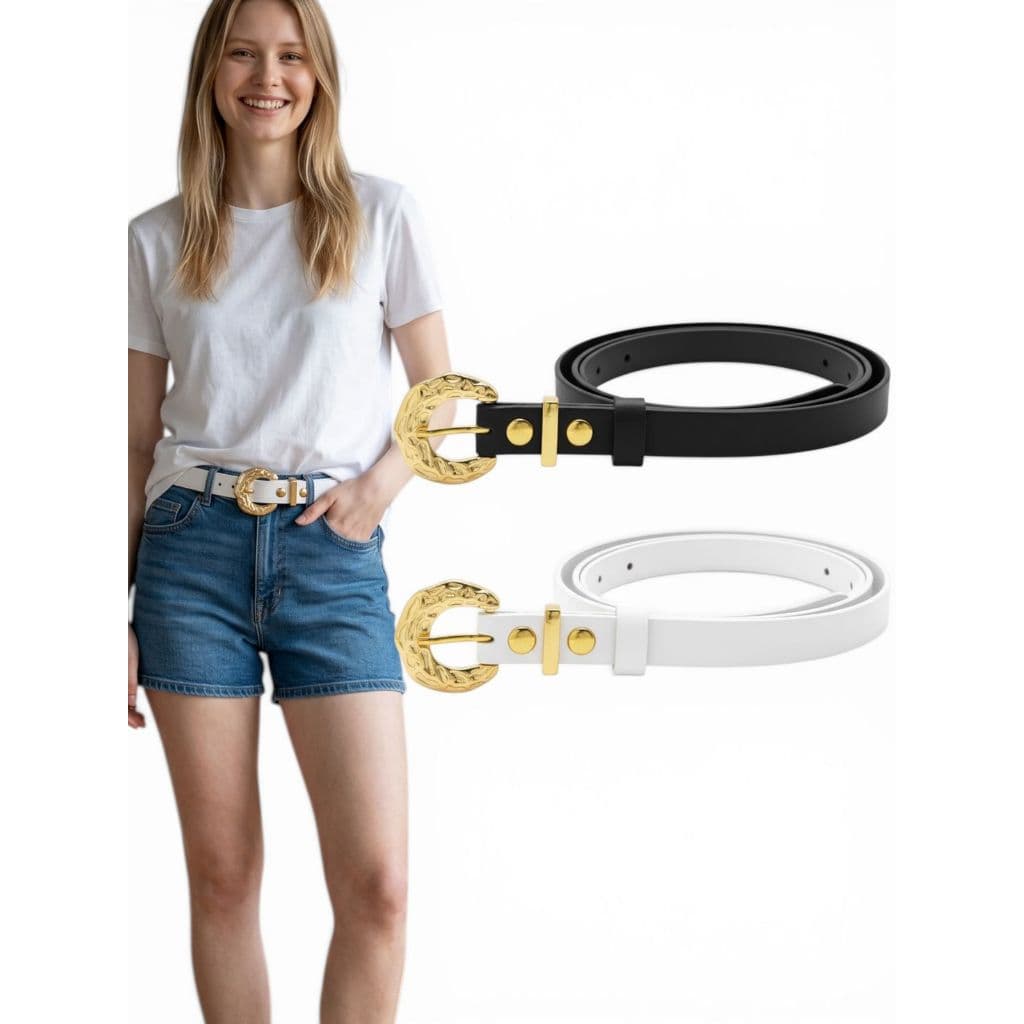 Kit2 Cinto Feminino Elegante Fashion Couro Sintético 1,5cm Fivela Dourada Blogueira - Jenifer
