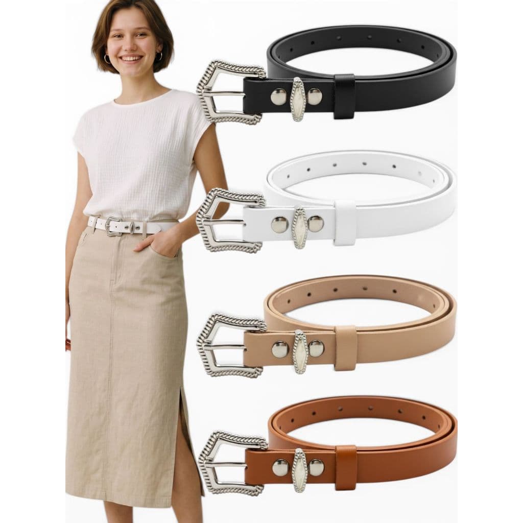 Kit4 Cinto Feminino Elegante Da Moda 1,5cm Couro Sintético Fivela Prata Resistente Ajustável - Érika