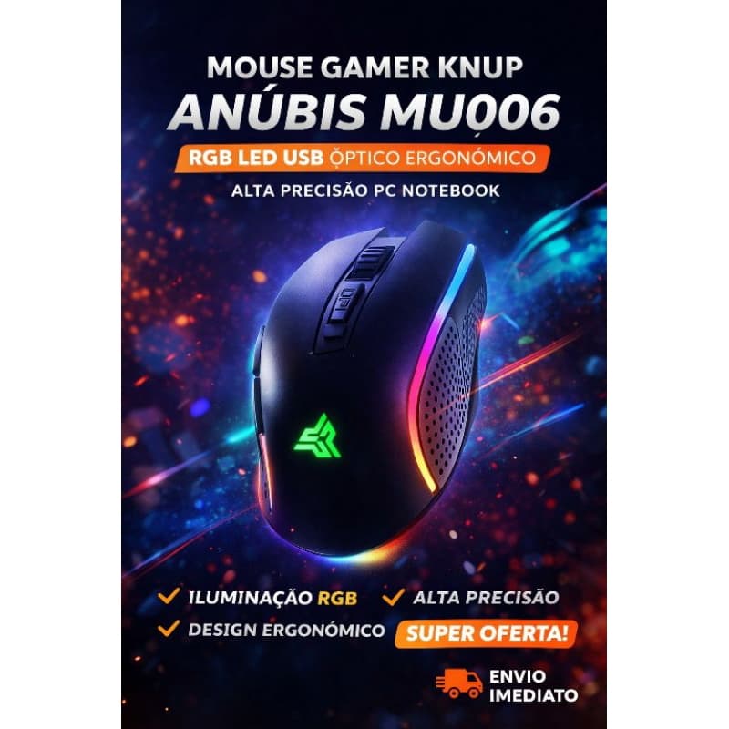 Mouse Gamer Knup Anúbis MU006 RGB LED USB Óptico Ergonômico Alta Precisão PC Notebook
