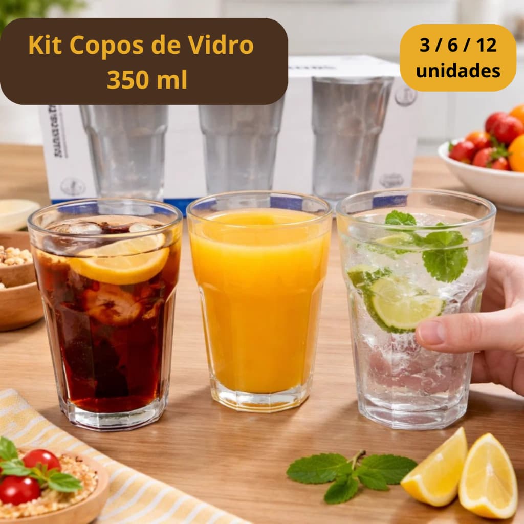 Copos de Vidro 350ml Resistentes Uso Diário Água Suco Bebidas Mesa Kit 3 6 ou 12