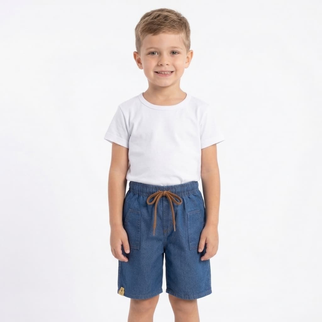 Short Jeans Masculino Infantil Ajustável Com Bolsos Azul Médio Com Corda Bermuda Jeans Menino