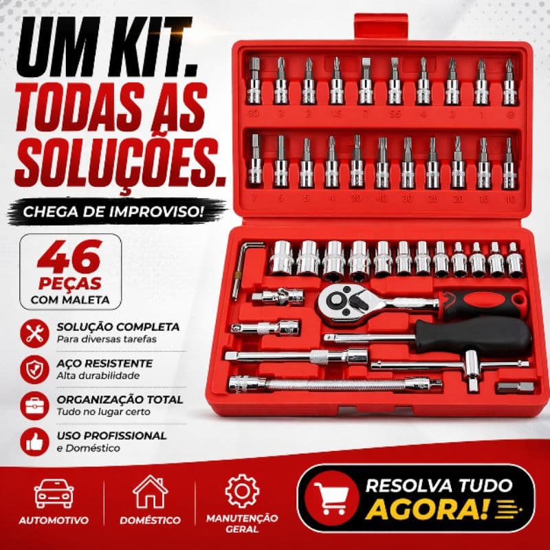 Jogo de Ferramentas 46 Peças com Maleta Aço Kit Soquete 1/4 Automotivo Doméstico Completo