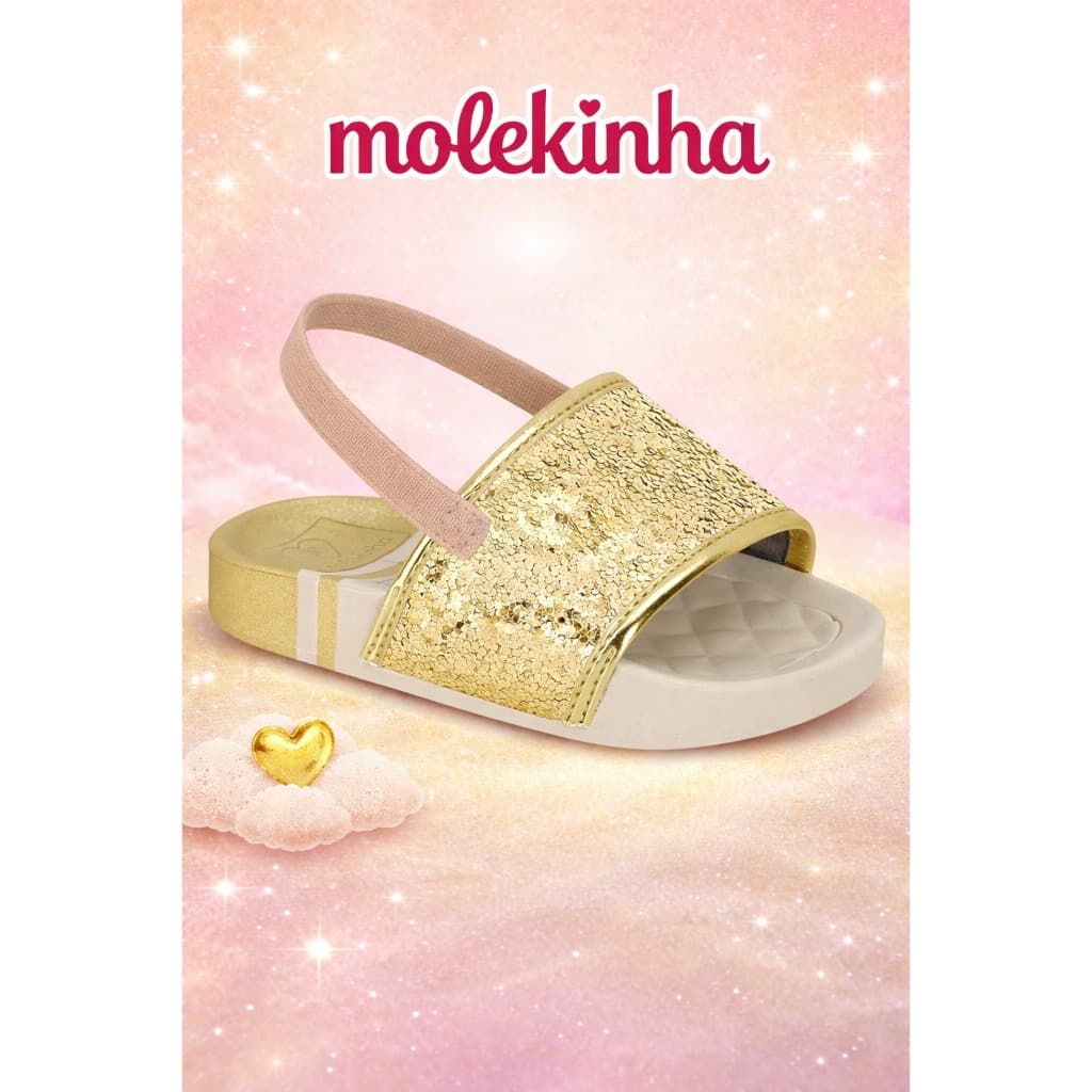 SANDÁLIA CHINELO INFANTIL MOLEKINHA MENINA DOURADA GLITTER CONFORTÁVEL LEVE ANTIDERRAPANTE SLIDE BABY