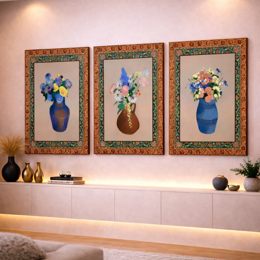 Quadro Decorativo Vaso Ceramica Flores Coloridas Rustico 3 Peças